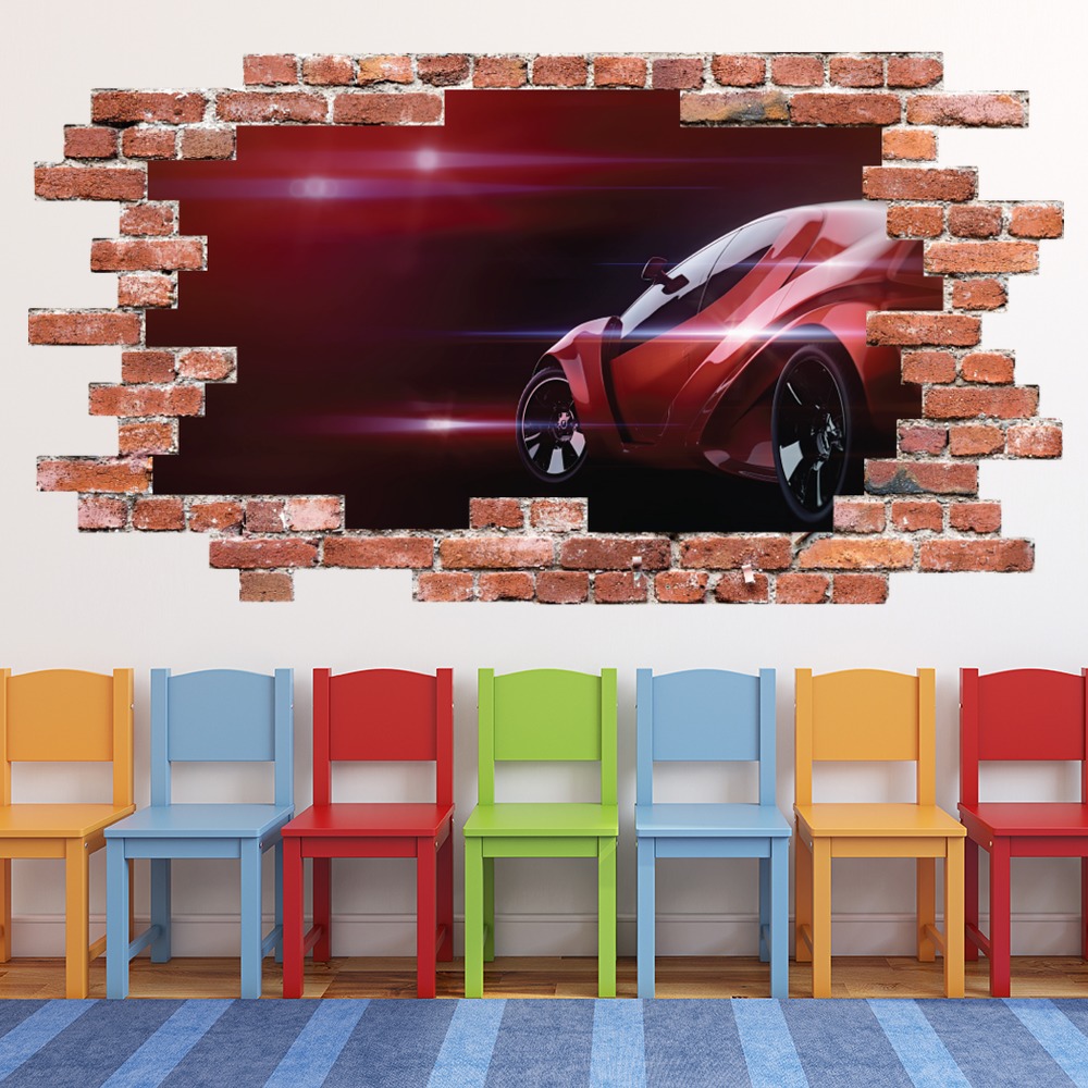 Red Sports Car Red Brick 3D Hole In The Wall Sticker | Icon Wall Stickers
